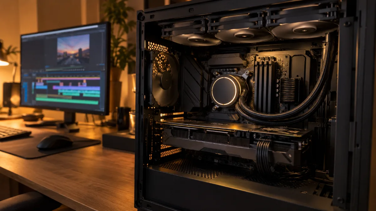 PC gamer ouvert avec un watercooling sur un processeur Intel, écran de montage en arrière-plan