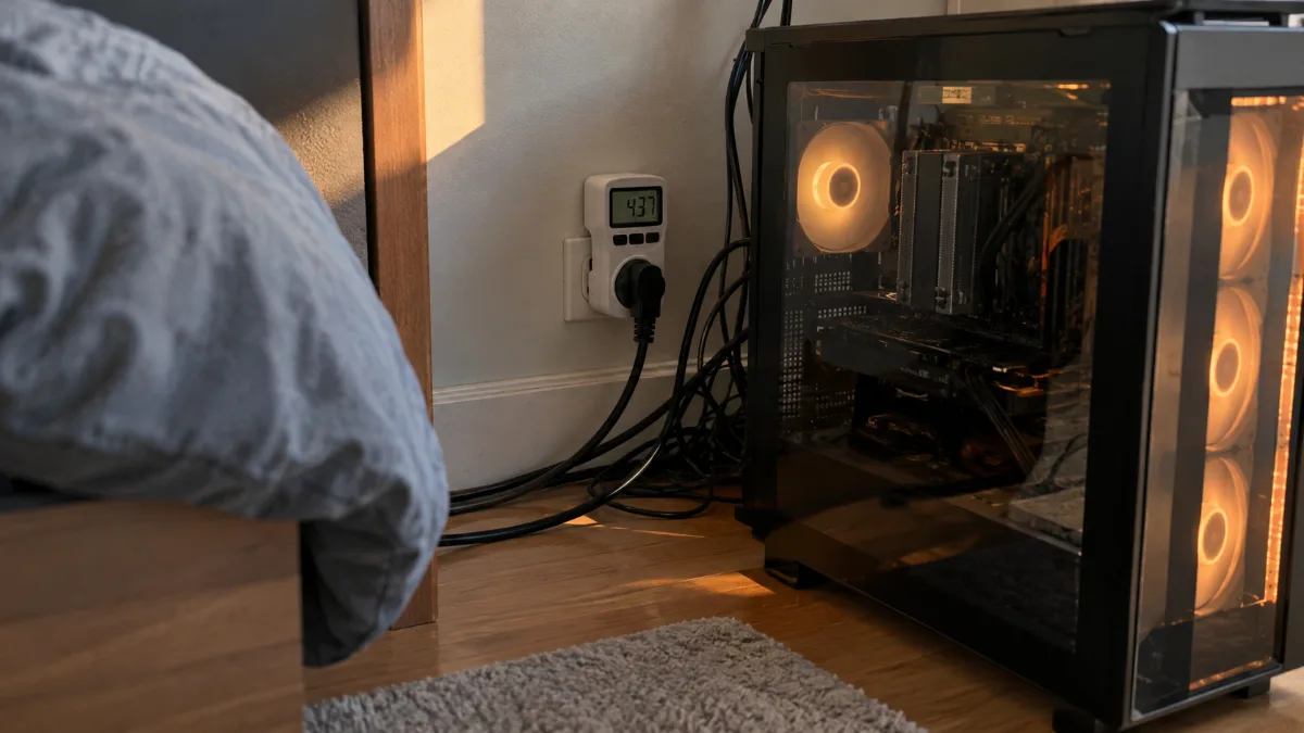 Wattmètre branché sur une prise murale derrière un PC gamer allumé