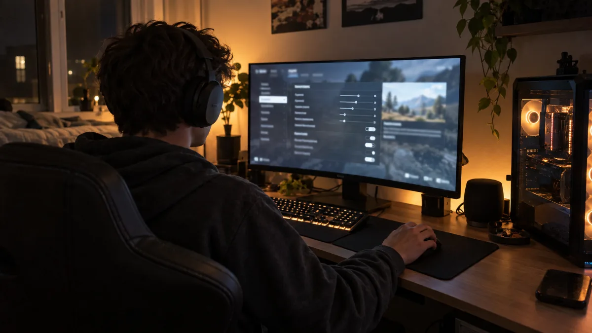 Joueur réglant les options graphiques d'un jeu sur un écran, PC gamer à côté