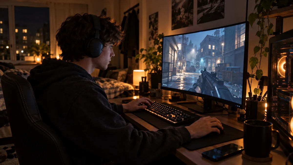 Joueur concentré devant un écran de jeu de tir en ligne dans une chambre le soir