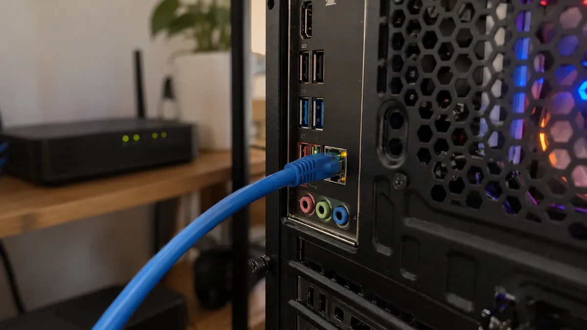 Câble Ethernet branché à l'arrière d'un PC gamer, box internet floue en arrière-plan