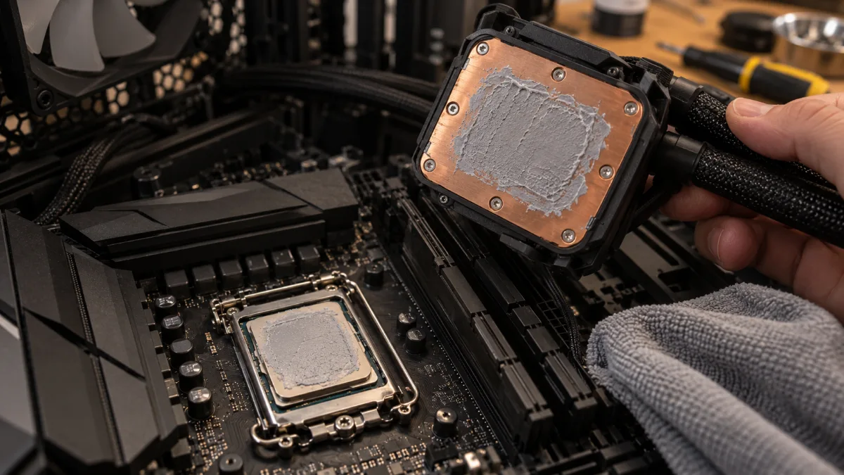 Bloc pompe de watercooling retiré d'un processeur, ancienne pâte thermique visible sur les deux surfaces