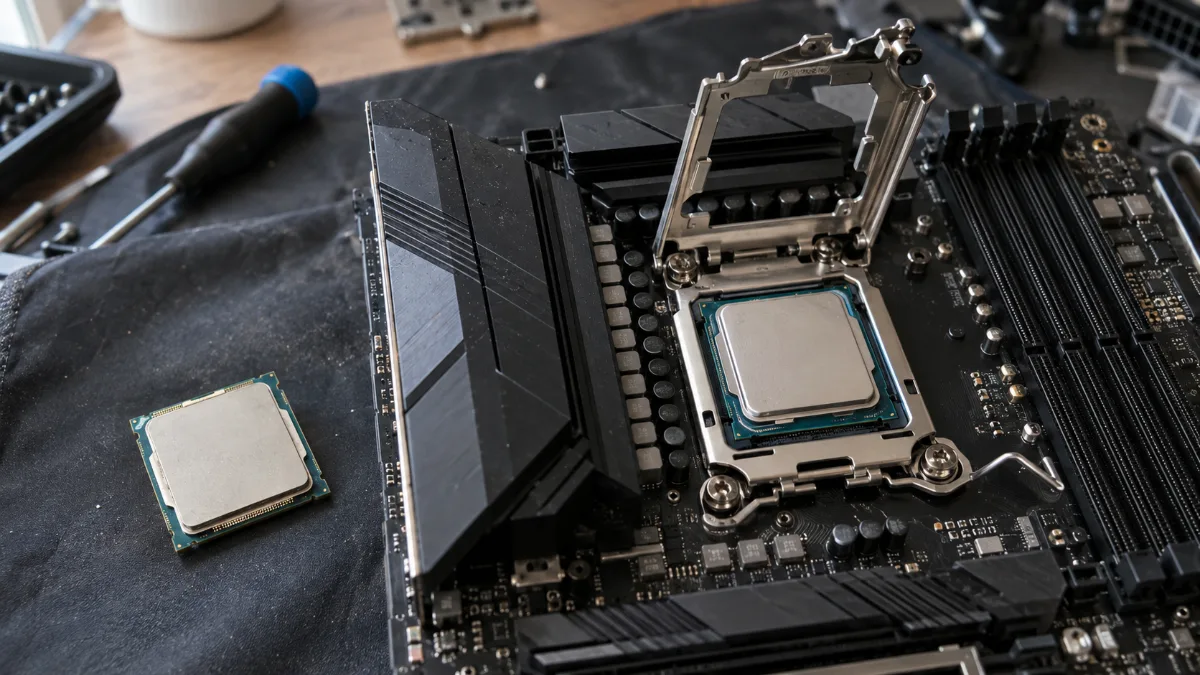 Processor in de socket van een moederbord geplaatst, bevestigingsbeugel open, een tweede processor ernaast op de werkmat