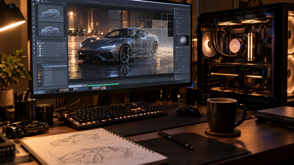 Scherm met een 3D-render van een auto die bezig is, naast een verlichte gaming-pc met glazen behuizing, ’s avonds