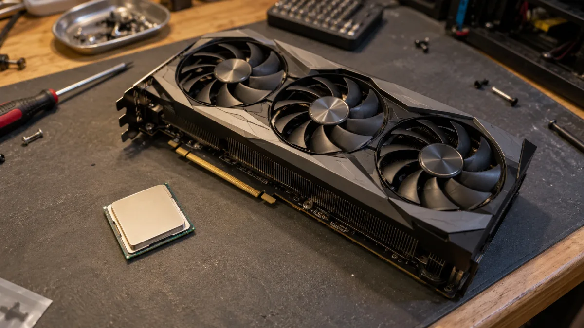 Processor naast een dedicated grafische kaart op een werkmat