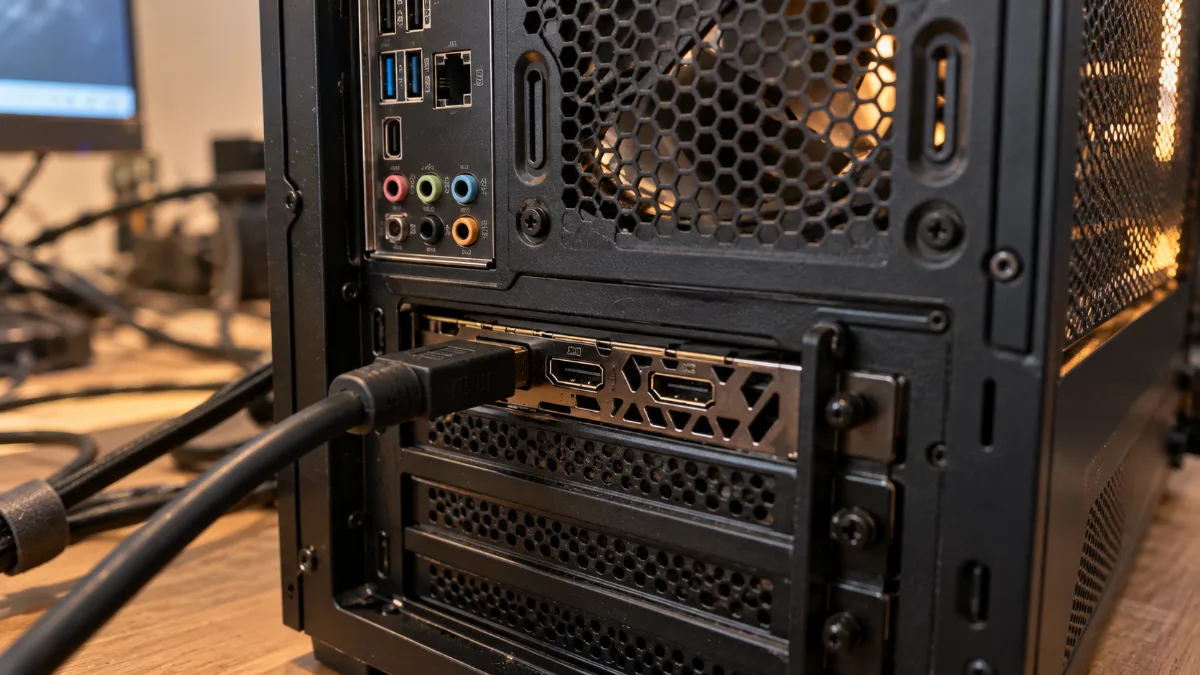Achterkant van een gaming-pc met een monitorkabel aangesloten op een poort van de grafische kaart