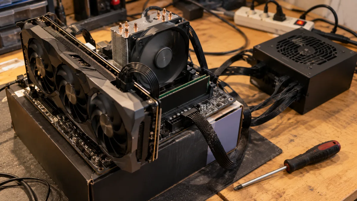 Motherboard placed outside the case on a workbench with processor, one RAM stick and power supply connected