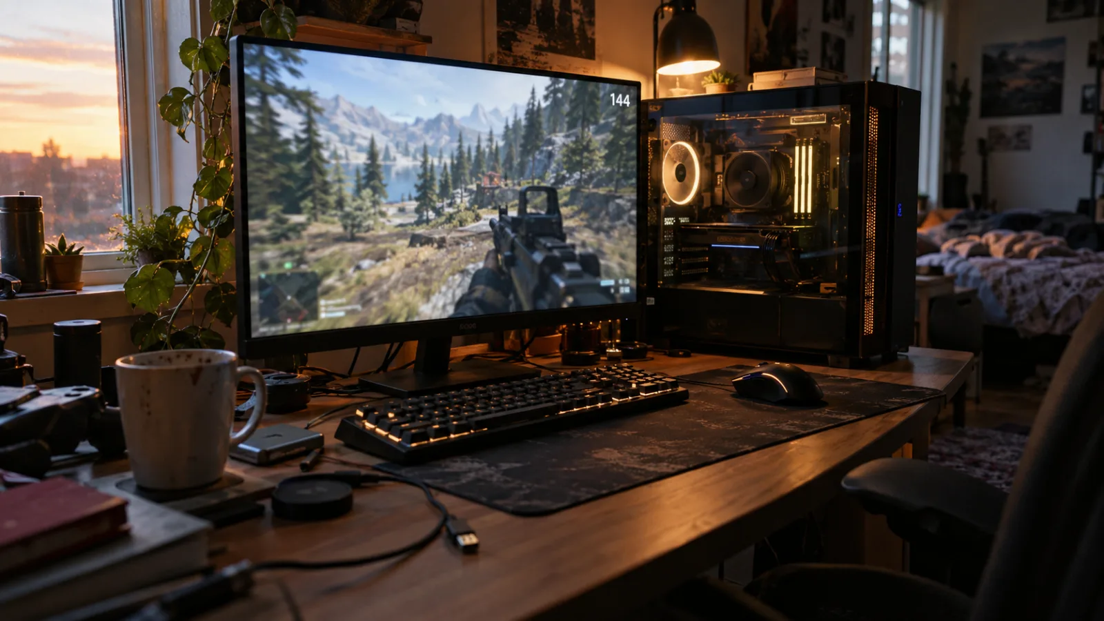 PC gamer esport FlowUP avec écran haute fréquence sur un bureau de joueur