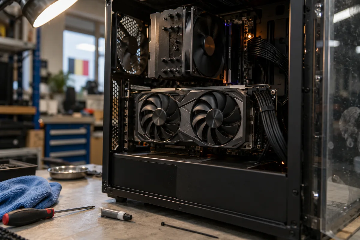 Intérieur d’un PC esport monté à l’atelier FlowUP, carte graphique milieu de gamme et câblage soigné