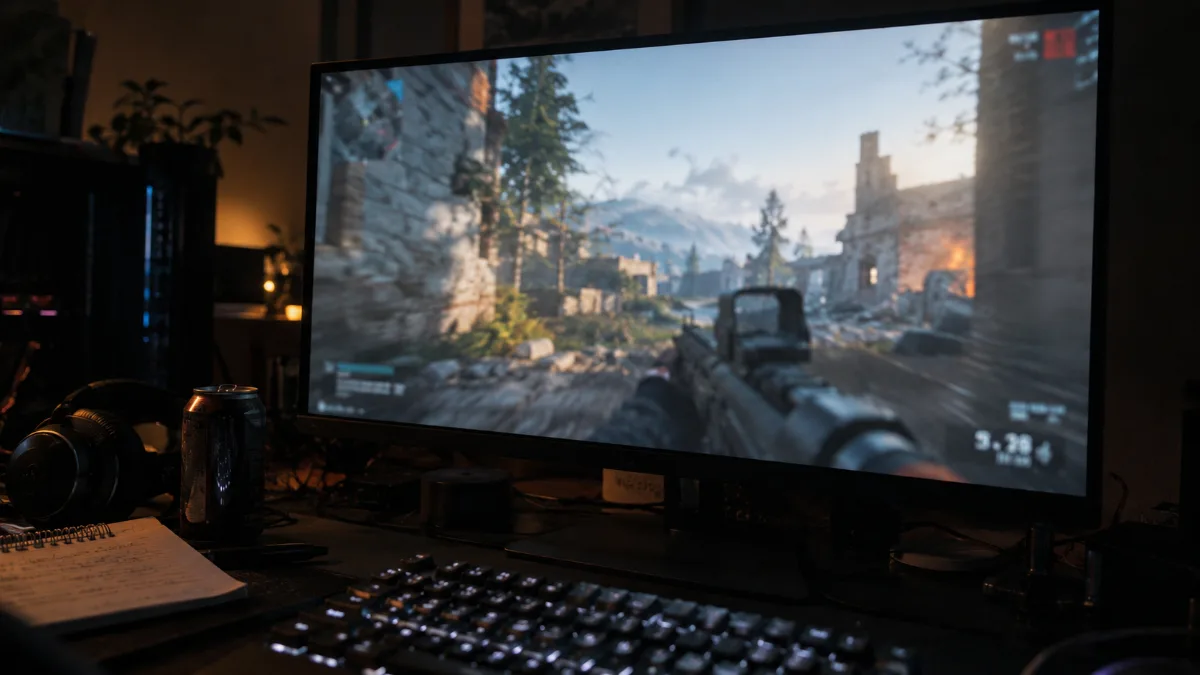 Plan rapproché sur un écran gaming avec une scène de jeu, pour illustrer la fréquence d’affichage en esport