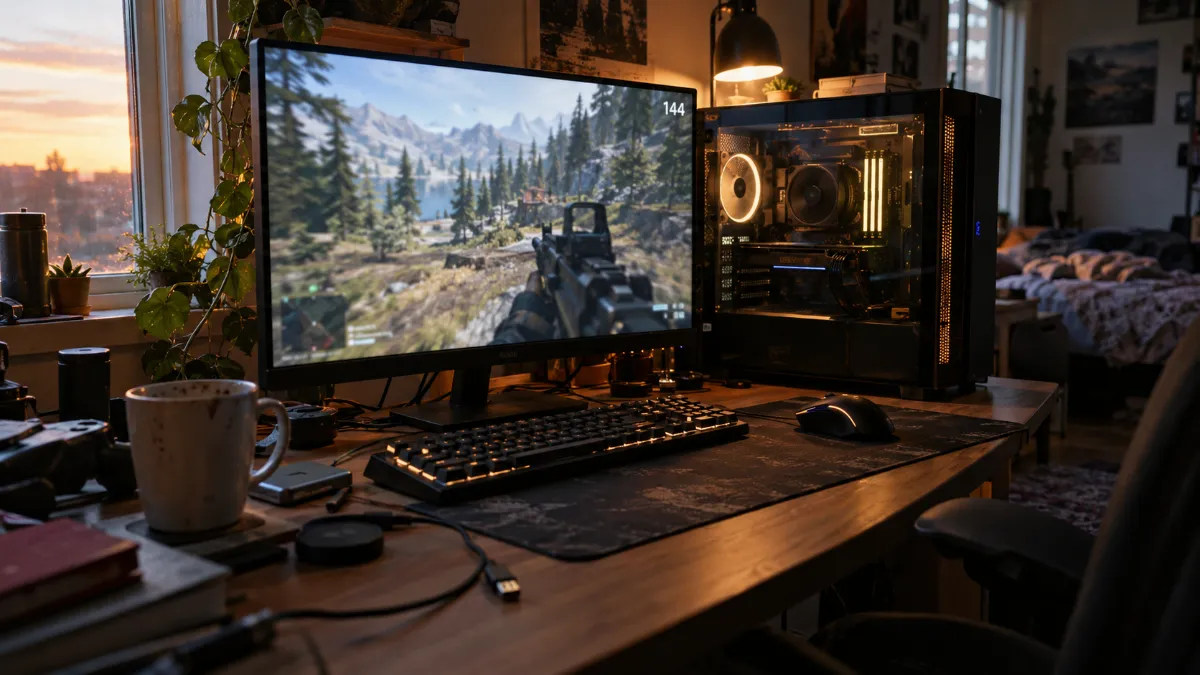 Souris gaming sans fil posée sur un tapis de souris, dans un setup gamer