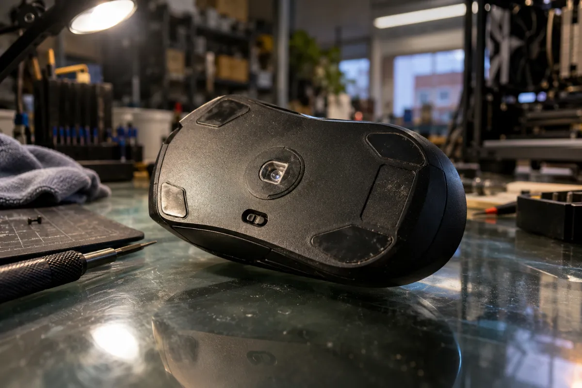 Dessous d'une souris gaming retournée, capteur optique visible, sur un établi d'atelier
