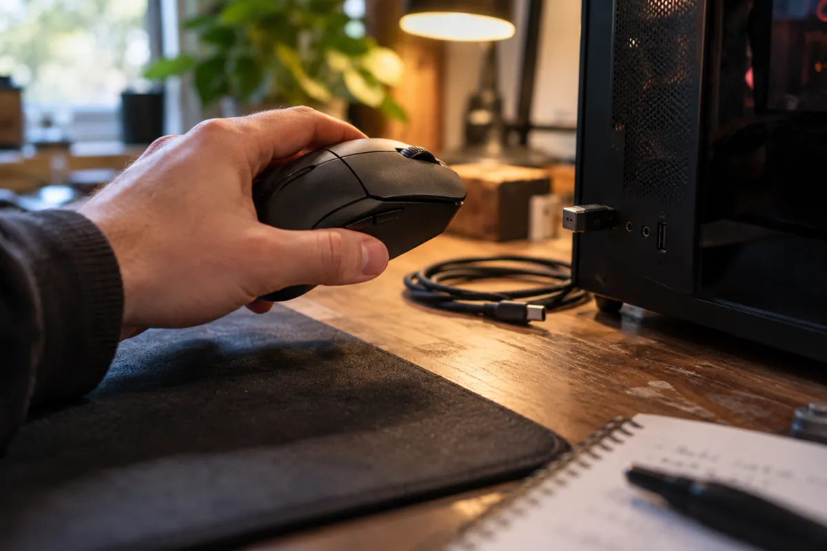 Souris gaming sans fil tenue au-dessus de son dongle USB récepteur