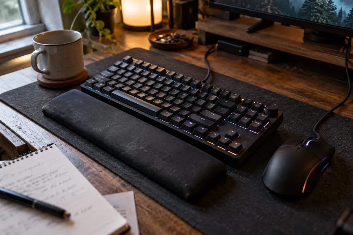 Clavier souris gaming assorti : clavier mécanique et souris posés côte à côte sur un bureau