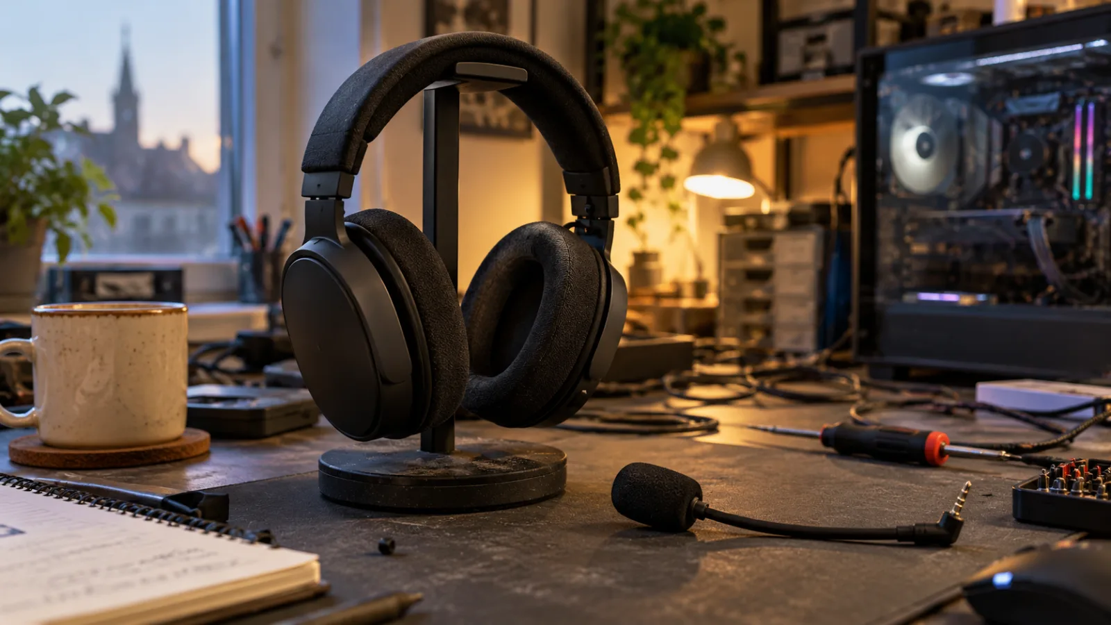 Casque gaming posé sur un bureau de setup, au côté d'un clavier mécanique et d'une souris