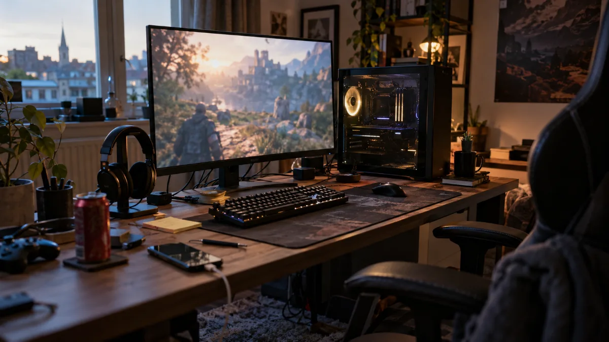 Setup gaming complet avec PC, écran, casque et clavier mécanique