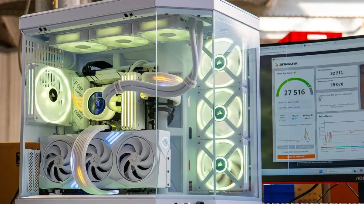 PC gamer FlowUP blanc affichant un score 3DMark à l'écran pendant le test de performances