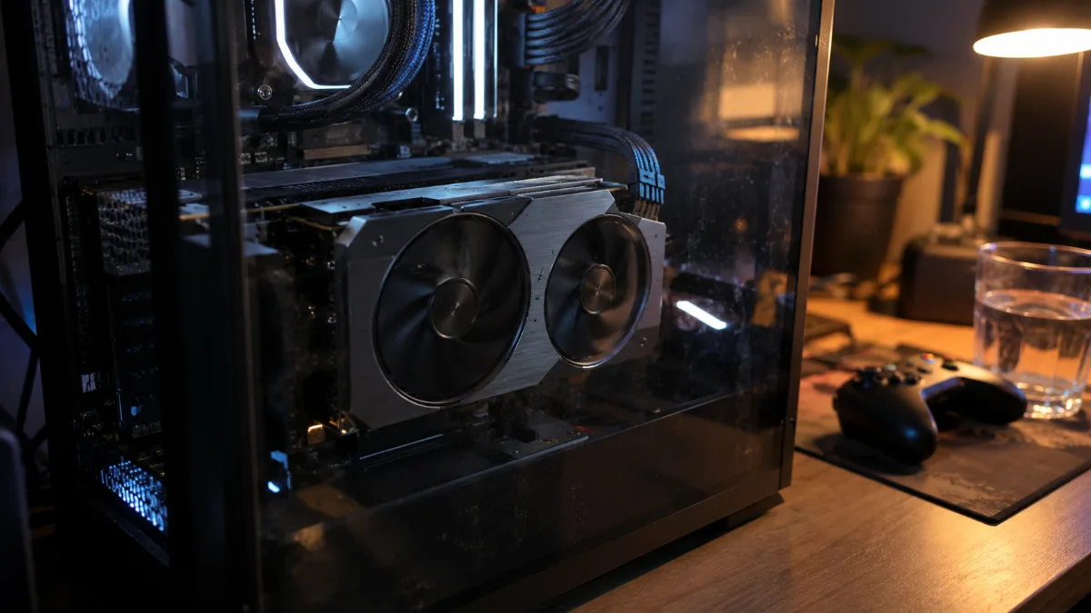 Carte graphique double ventilateur vue à travers la vitre d'un PC gamer allumé