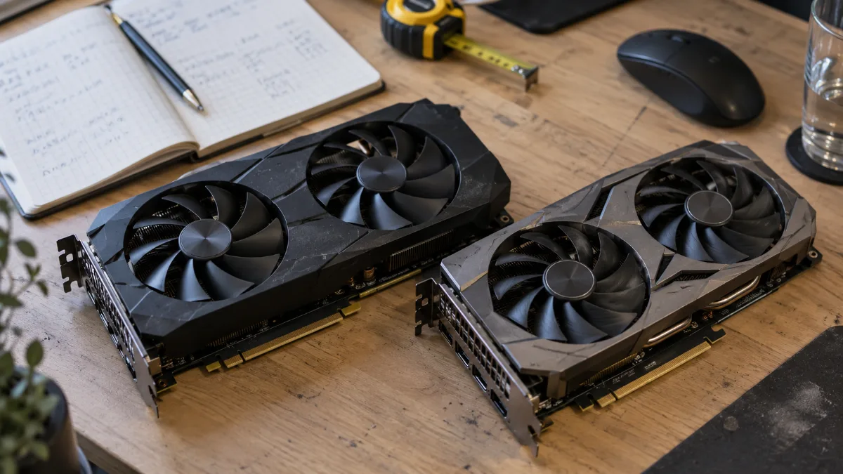 Deux cartes graphiques double ventilateur posées côte à côte sur un bureau pour comparaison