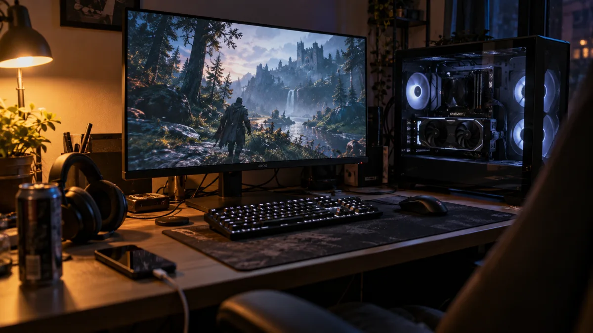 Bureau de joueur avec écran 27 pouces 1440p et PC gamer équipé d'une RX 9060 XT