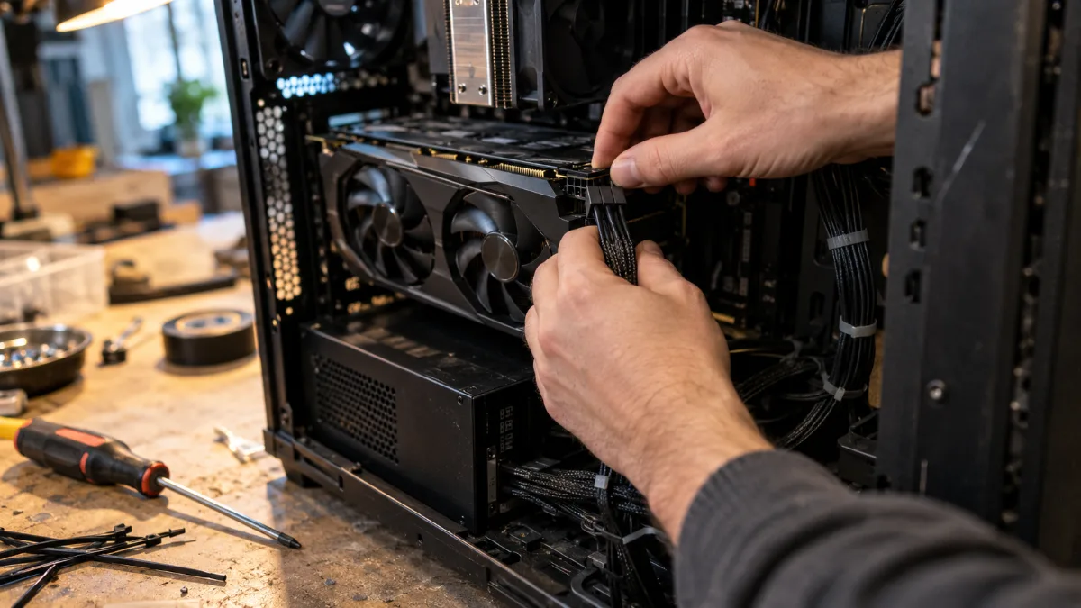 Mains branchant un câble d'alimentation 8 broches sur une carte graphique dans un PC en montage