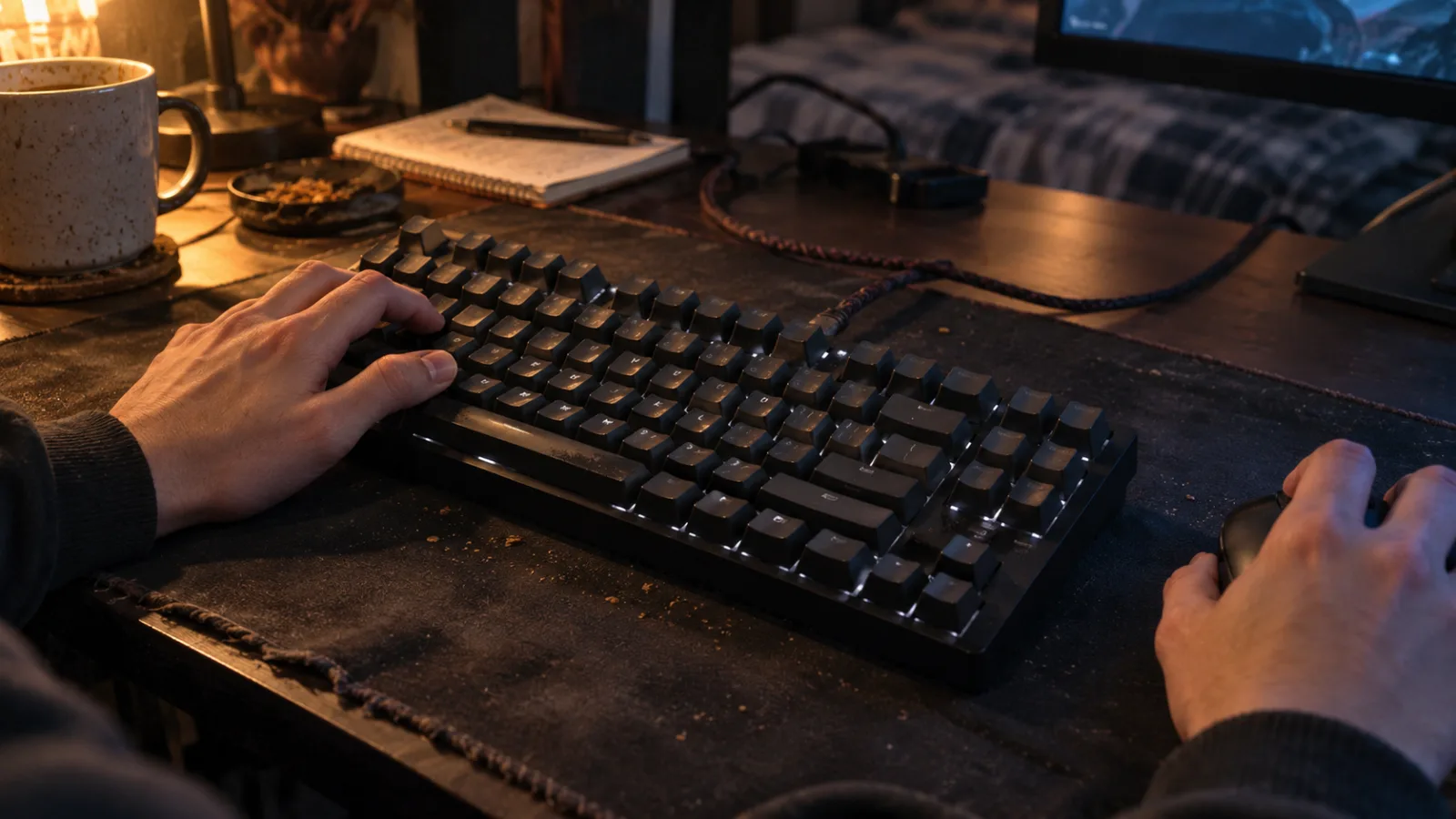 Mains en position de jeu sur un clavier gamer mécanique TKL posé sur un tapis de souris