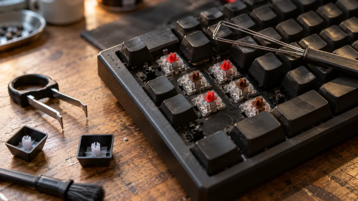 Switchs mécaniques rouges et marron visibles sur un clavier gamer dont plusieurs touches ont été retirées