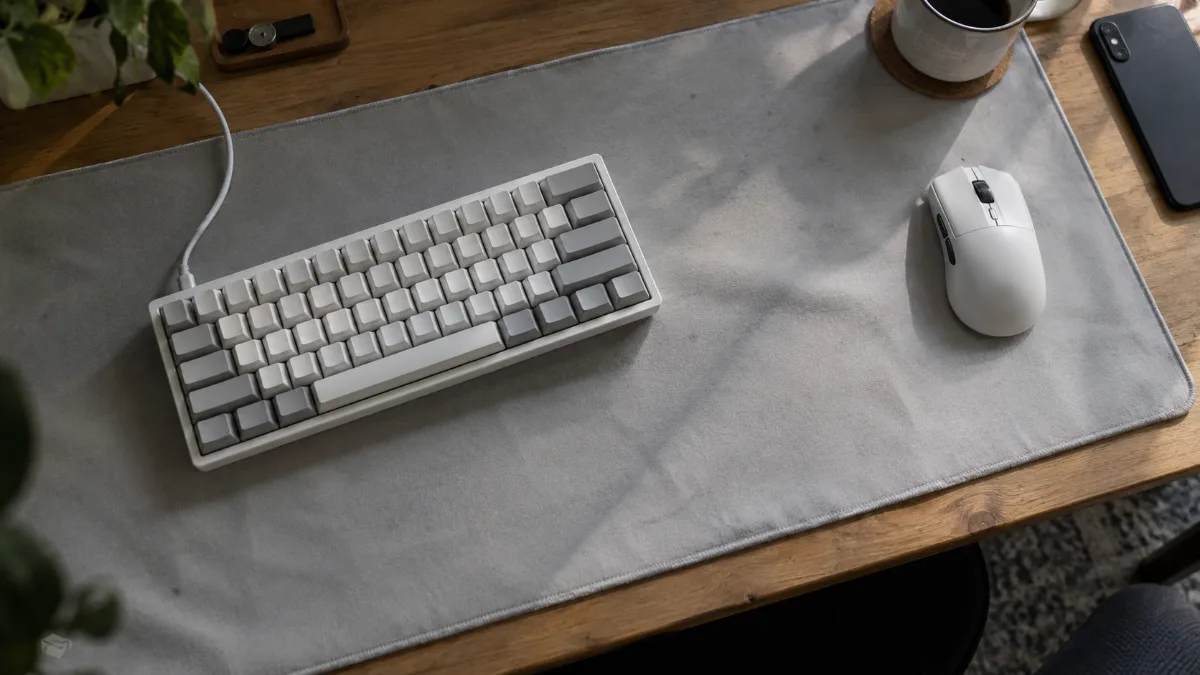 Clavier gamer compact 65% blanc à côté d'une souris sur un grand tapis