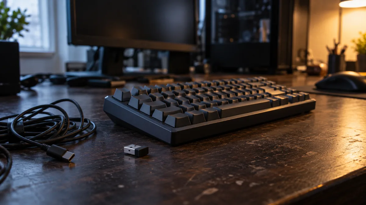 Clavier gamer sans fil TKL avec son récepteur 2,4 GHz et un câble USB-C sur un bureau