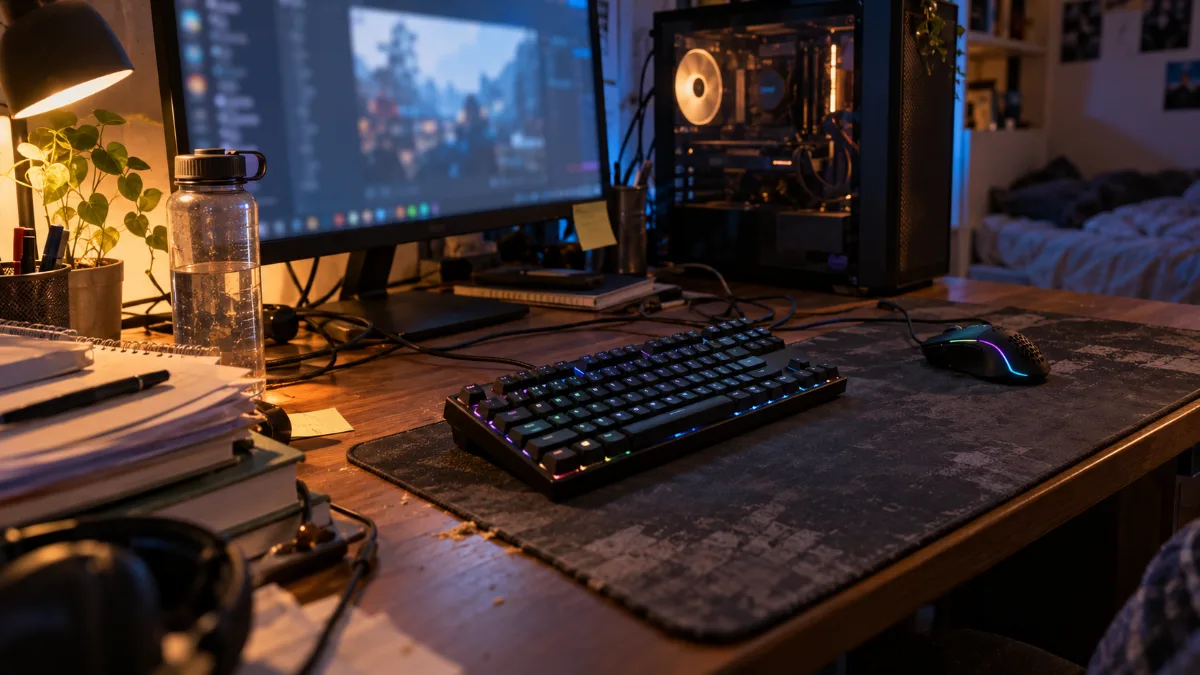 Pack clavier et souris gamer posé sur un bureau d'étudiant à côté d'un PC