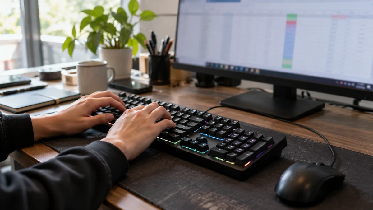 Clavier gamer pleine taille avec pavé numérique sur un bureau, mains en train de taper