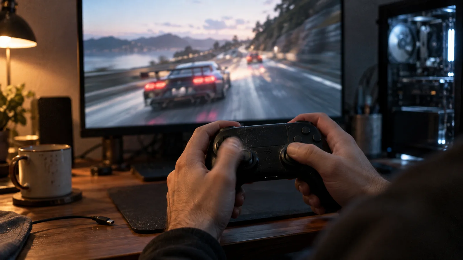 Mains tenant une manette PC noire devant un écran affichant un jeu de course
