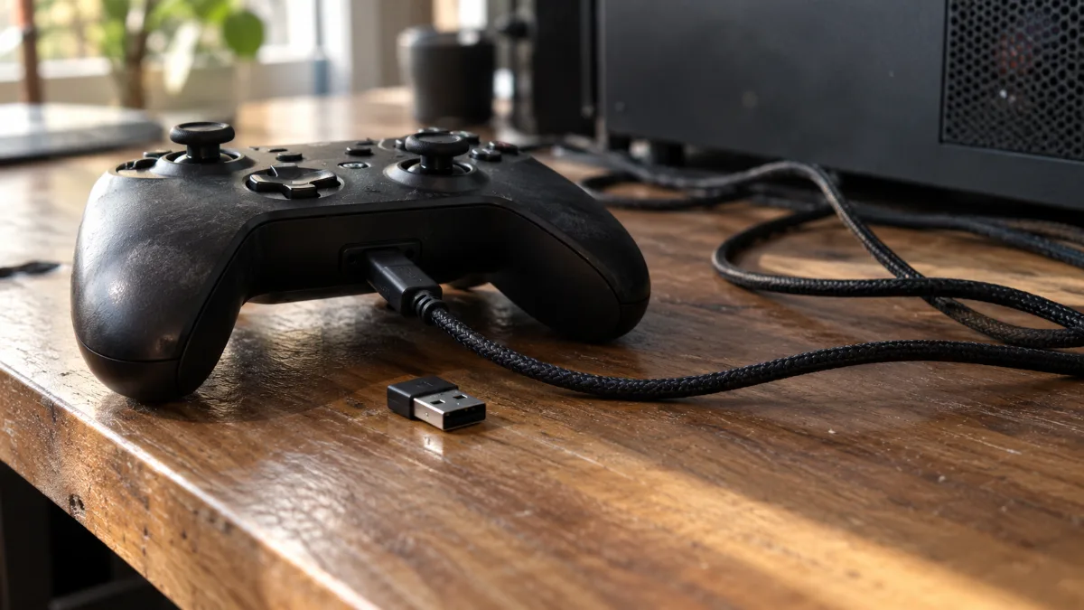 Manette PC posée sur un bureau avec son câble USB tressé et son petit récepteur sans fil