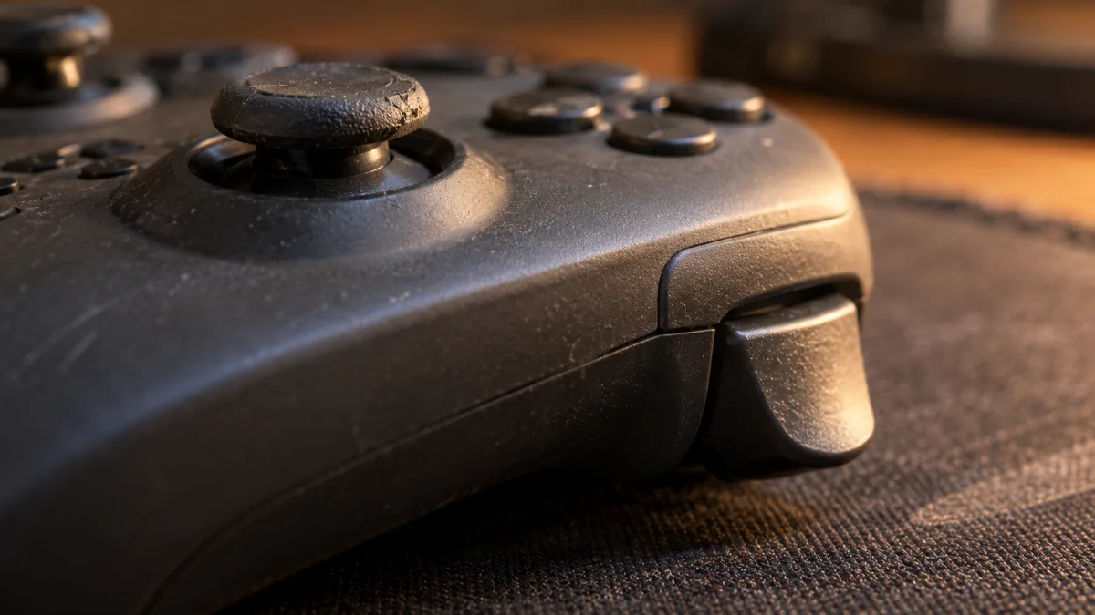 Gros plan sur le joystick et la gâchette d'une manette PC