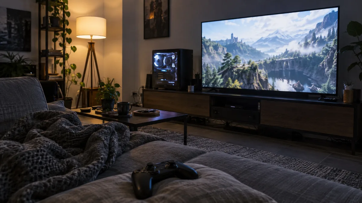 PC gamer installé à côté d'une télévision dans un salon avec une manette posée sur le canapé