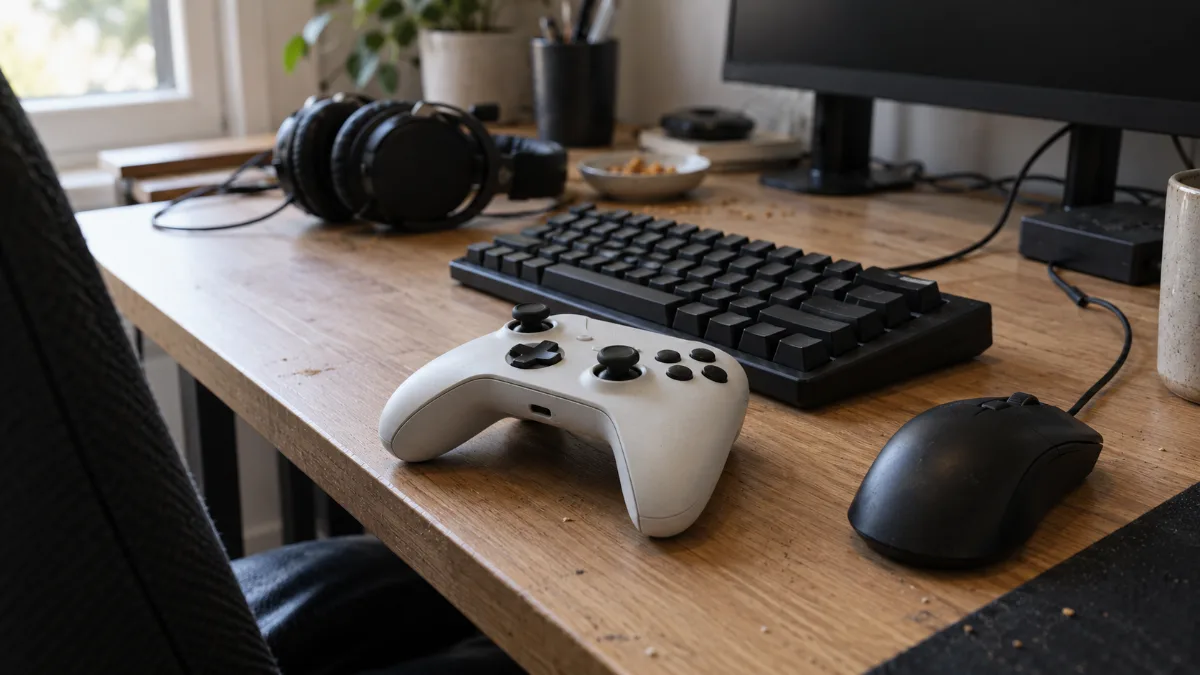Manette PC blanche posée sur un bureau à côté d'un clavier et d'une souris