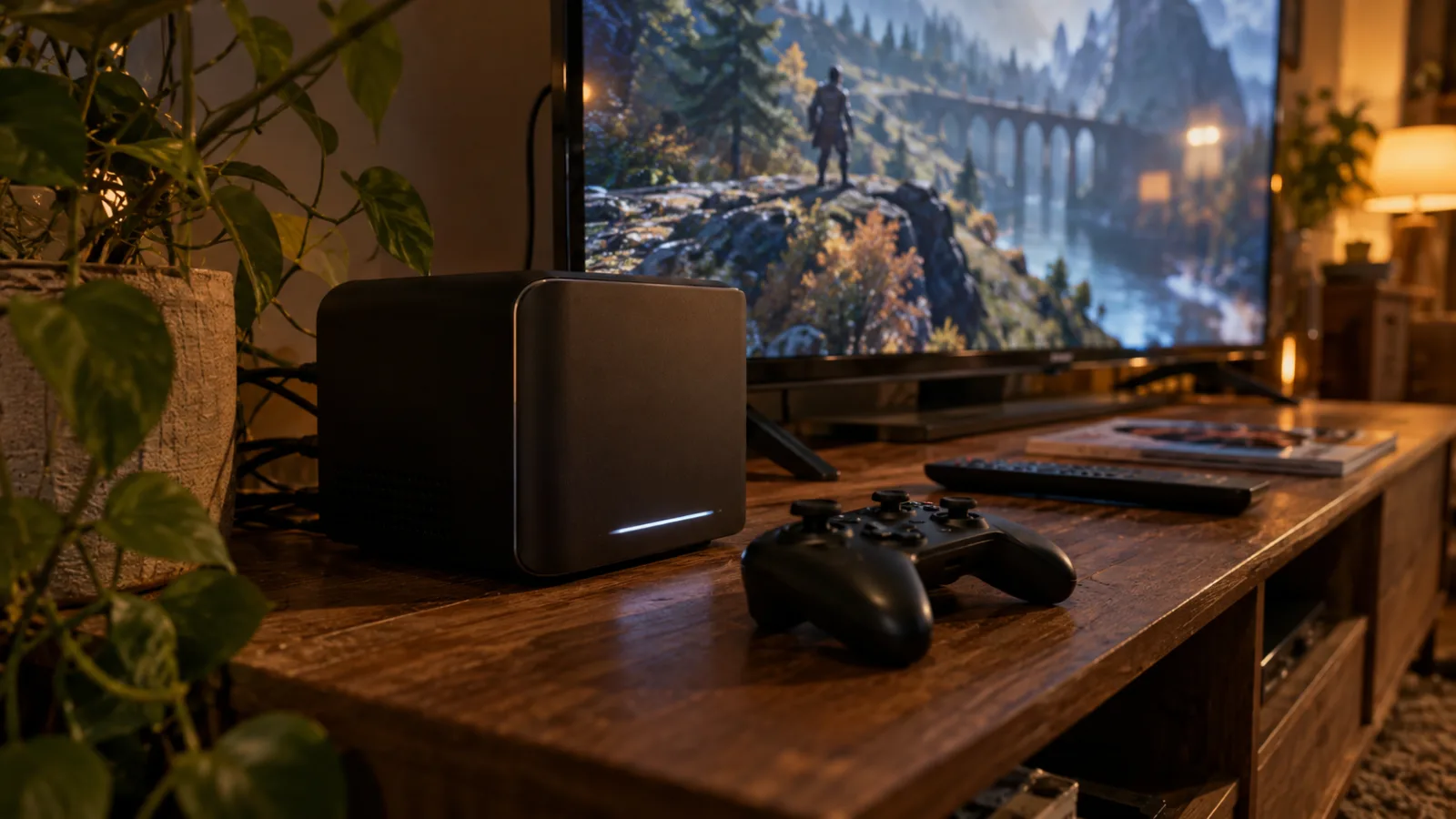 Petit PC compact façon console posé sous une télévision dans un salon avec une manette