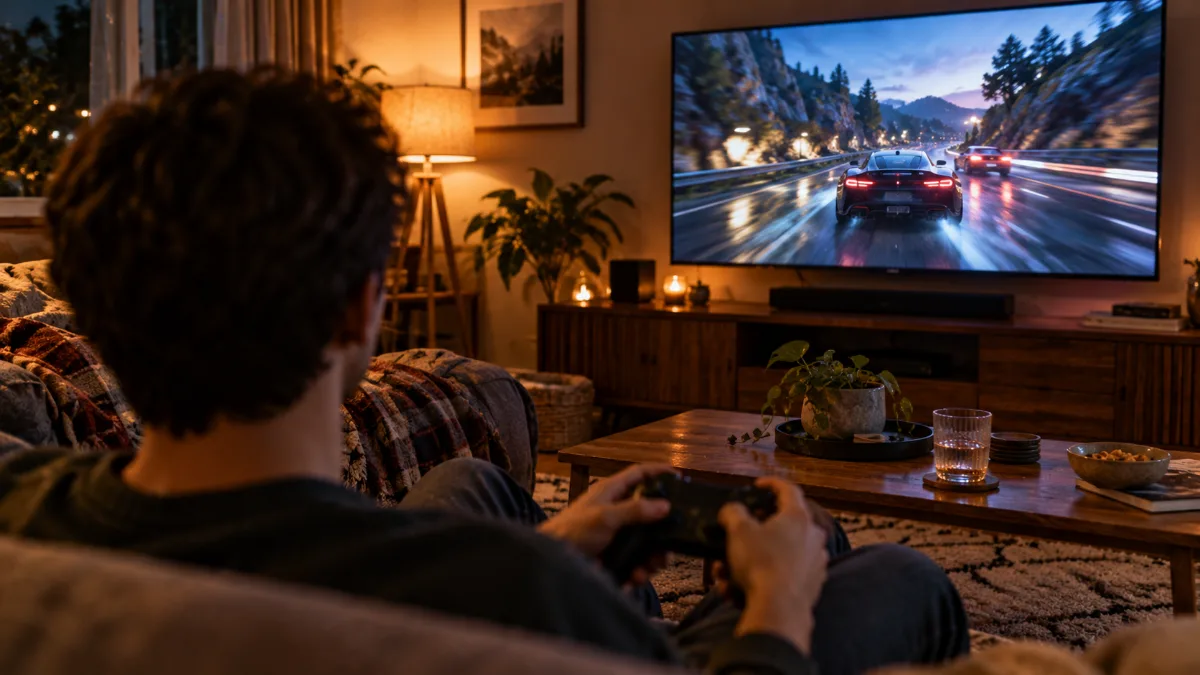 Joueur installé dans un canapé avec une manette devant une télévision dans un salon
