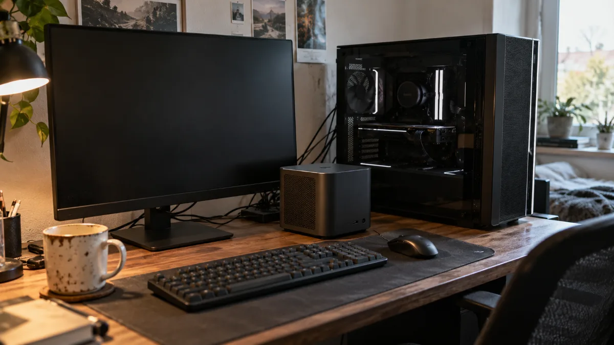 PC compact façon console posé à côté d'une tour PC gamer sur un bureau