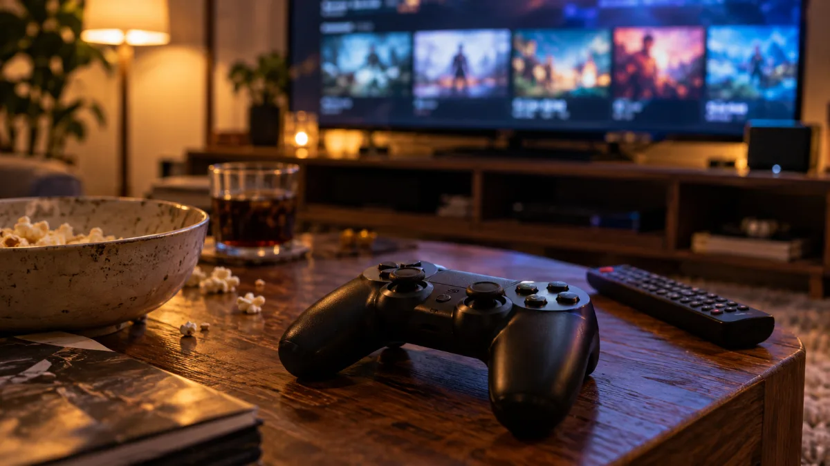 Manette posée sur une table basse devant une télévision et un meuble de salon