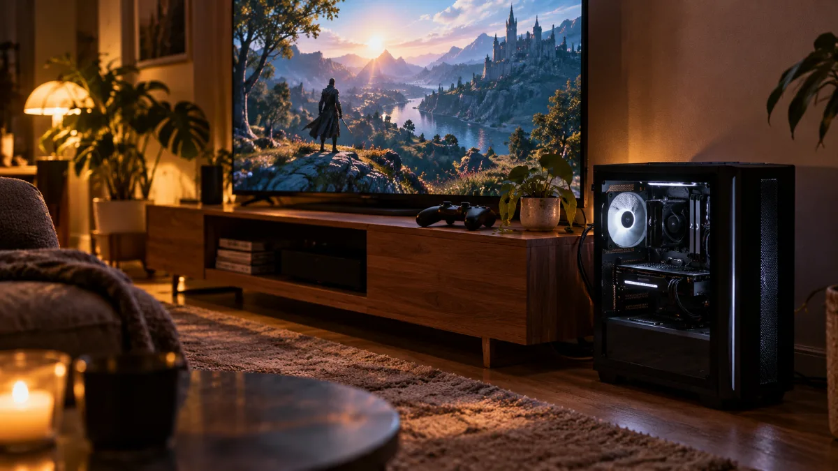 Tour PC gamer installée à côté d'un meuble télé dans un salon avec une manette
