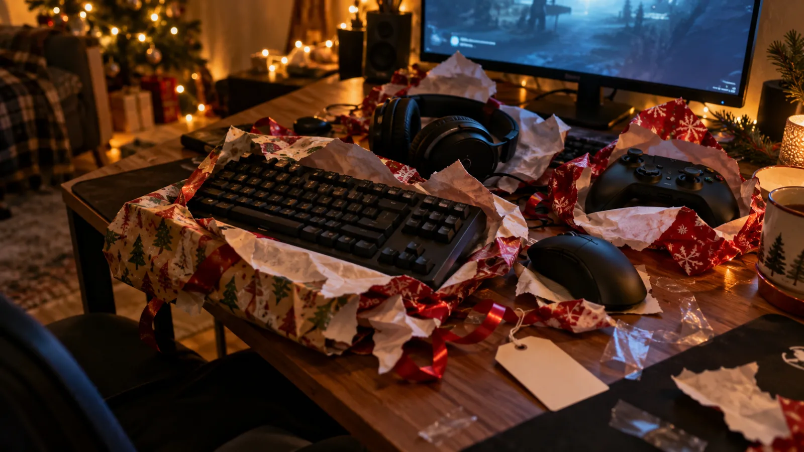 Clavier, souris, casque et manette gaming à moitié déballés de leur papier cadeau sur un bureau décoré pour Noël