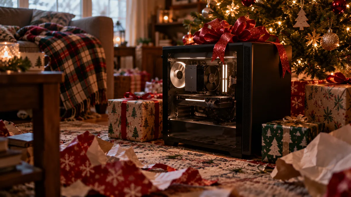PC gamer tour avec un grand nœud rouge posé au pied d'un sapin de Noël dans un salon