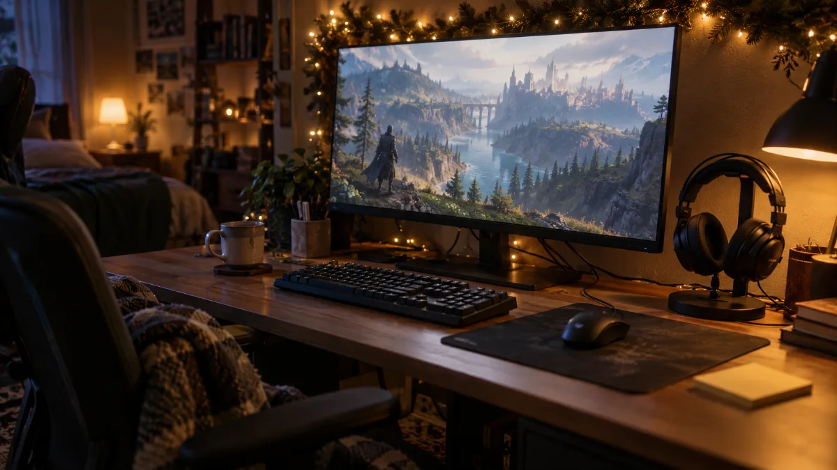 Setup gaming sur un bureau avec écran, clavier, souris et casque, éclairé par une guirlande de Noël