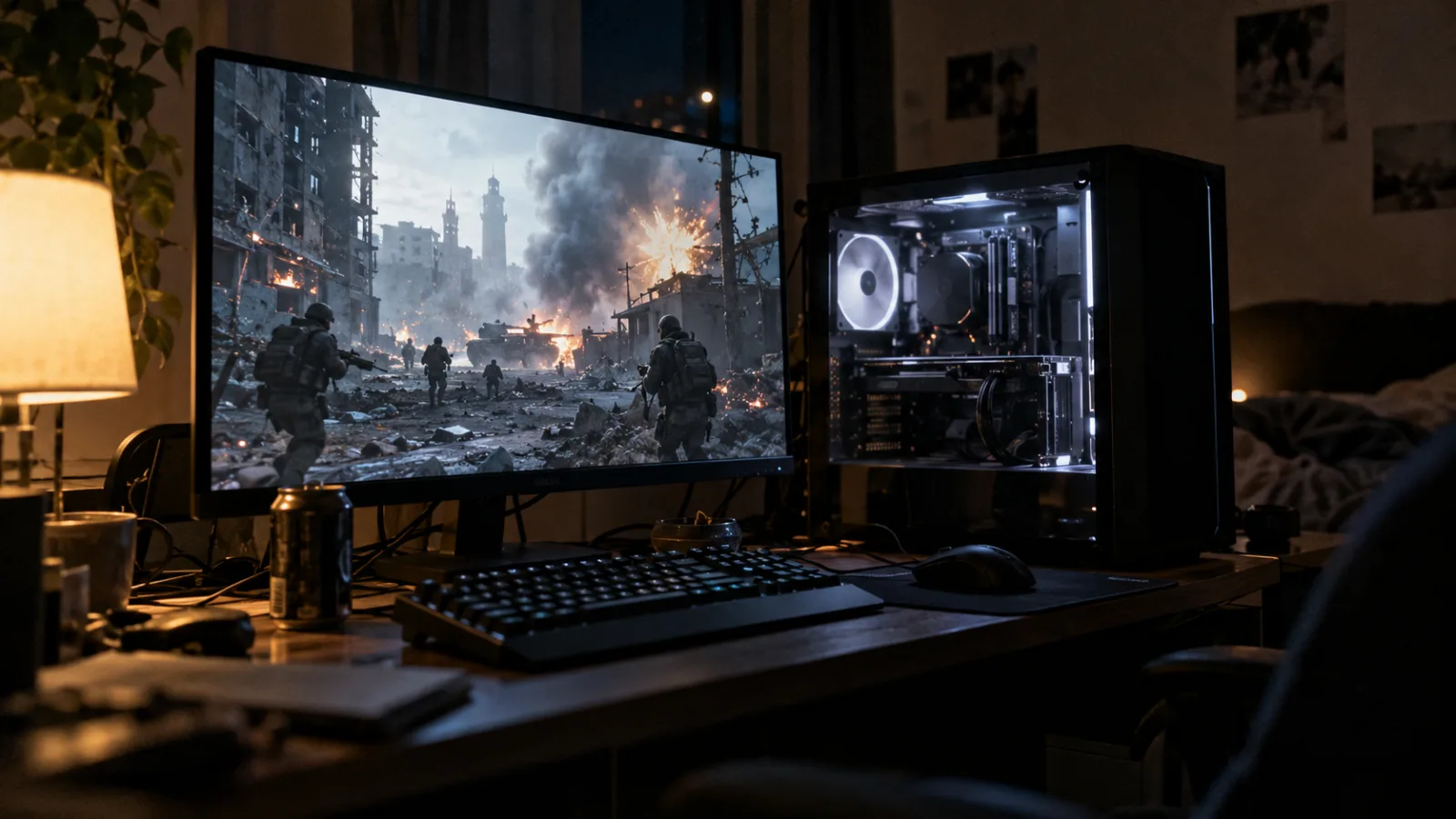 PC gamer sur un bureau la nuit avec un FPS militaire affiché à l'écran