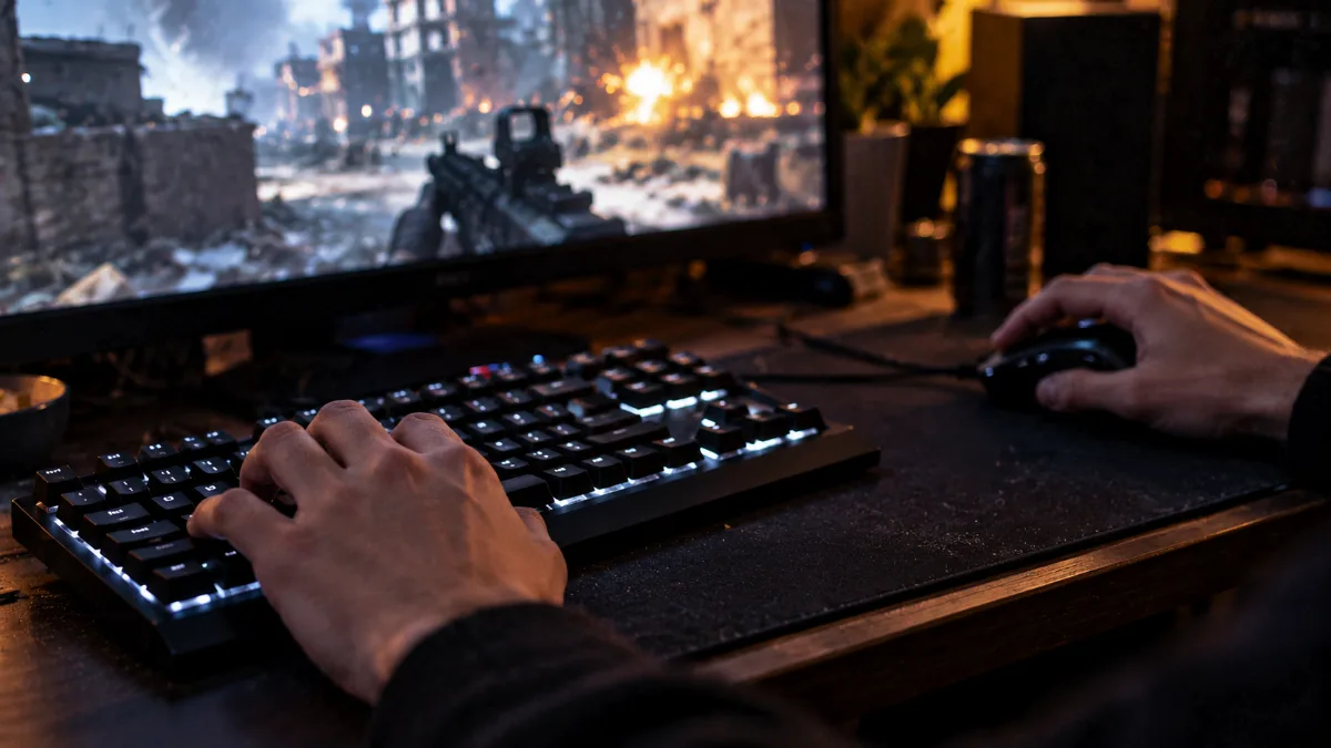 Mains d'un joueur sur un clavier et une souris gaming pendant une partie de FPS
