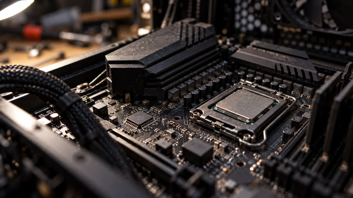 Gros plan sur une carte mère de PC gamer avec ses composants