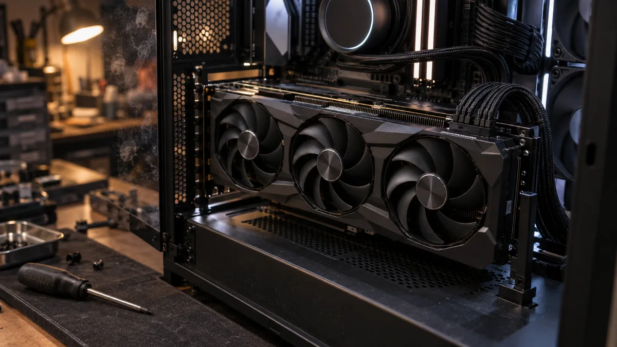 Carte graphique installée dans un PC gamer, vue de près