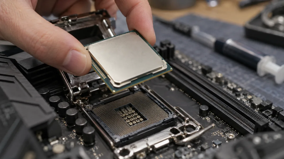 Processeur posé dans le socket d'une carte mère de PC gamer