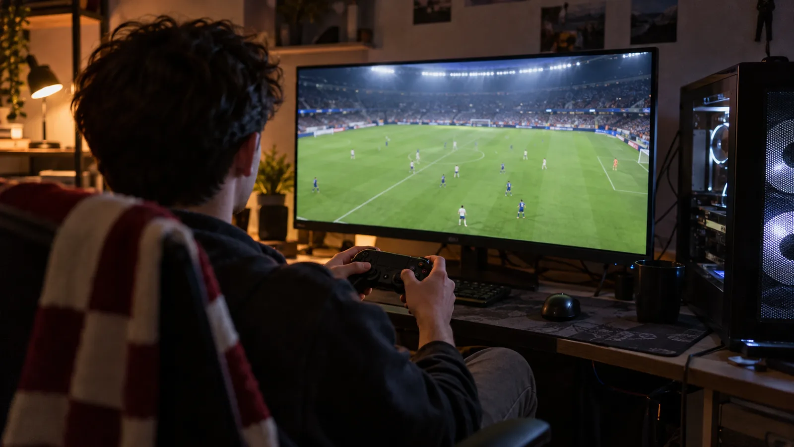 Joueur avec une manette devant un match de football affiché sur l'écran d'un PC gamer